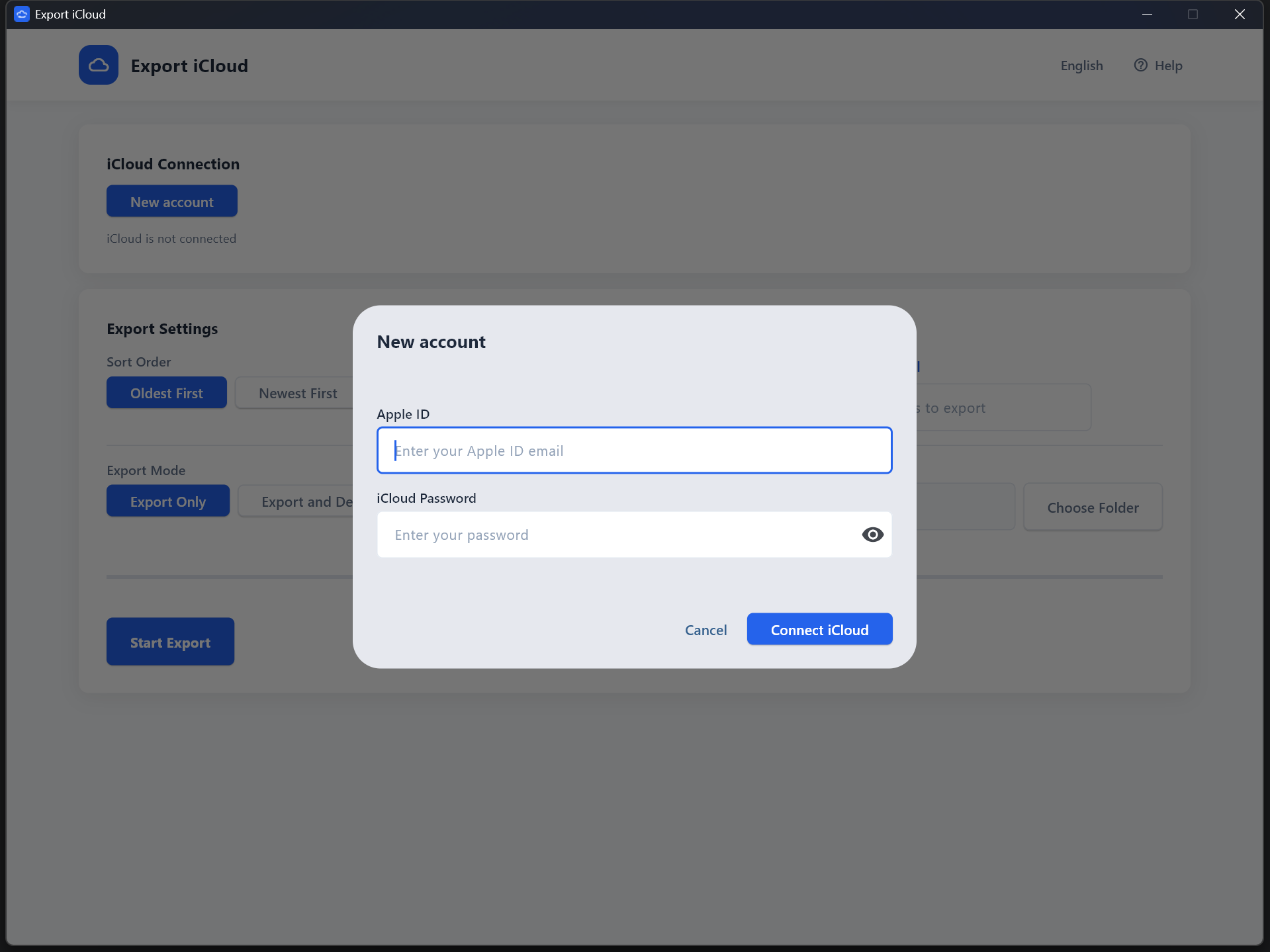 Connect to iCloud screen in Export iCloud Desktop