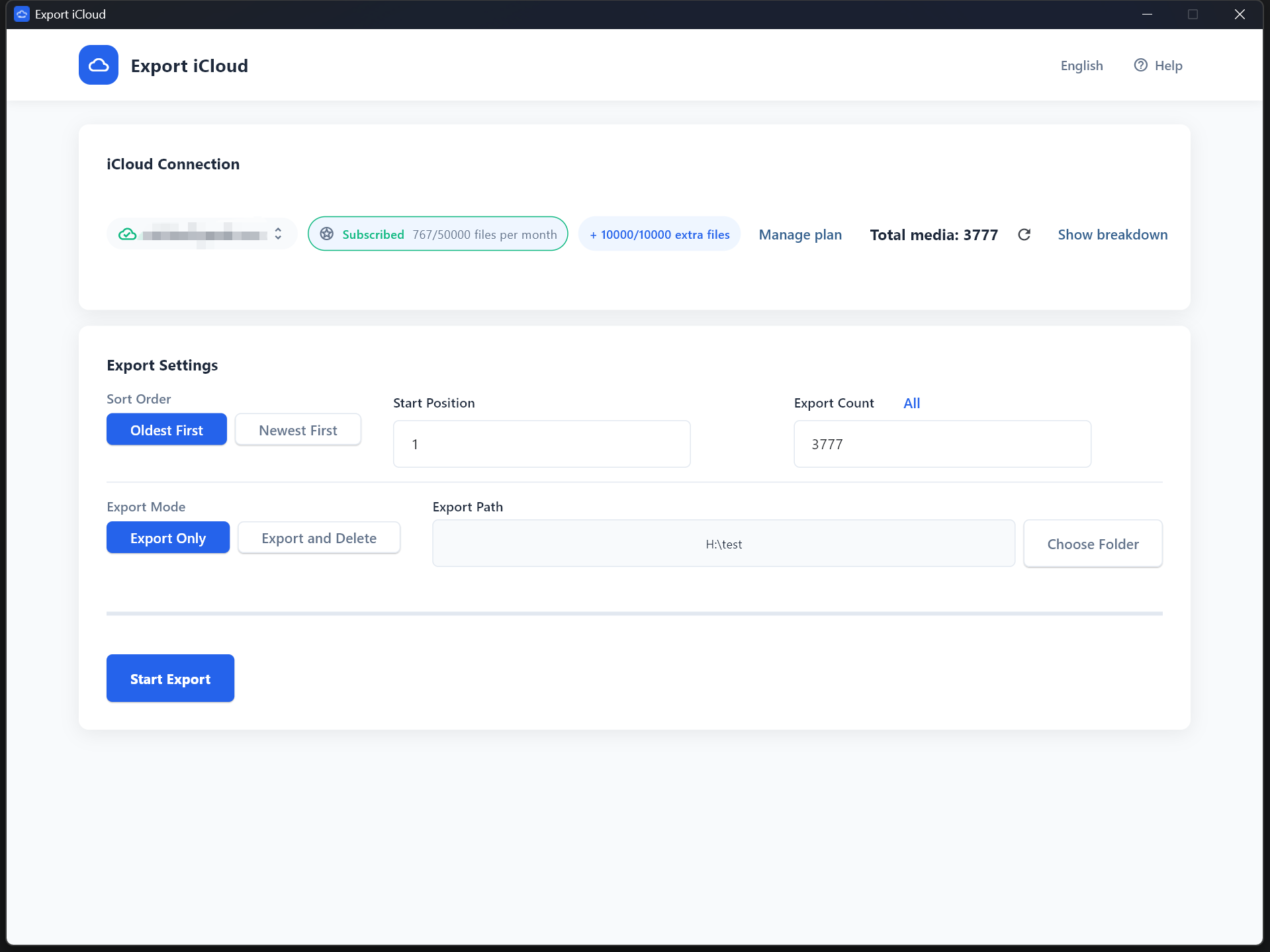 Desktop app after a successful iCloud connection