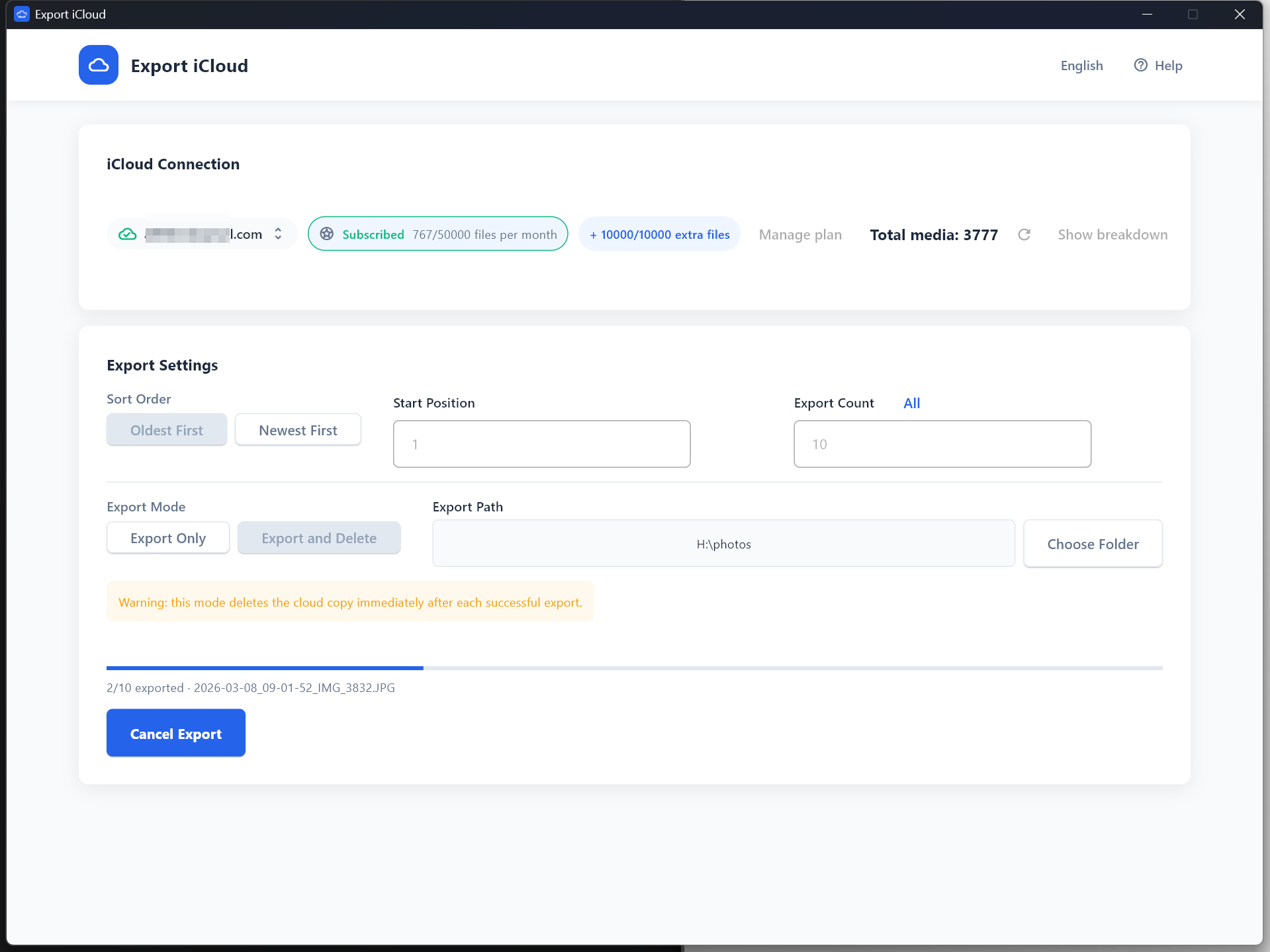 Desktop export progress screen