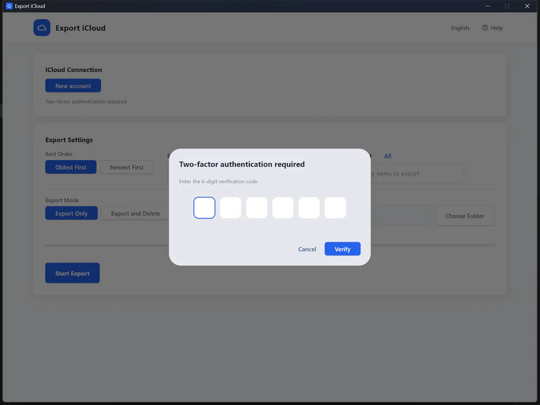Two-factor verification code dialog in Export iCloud